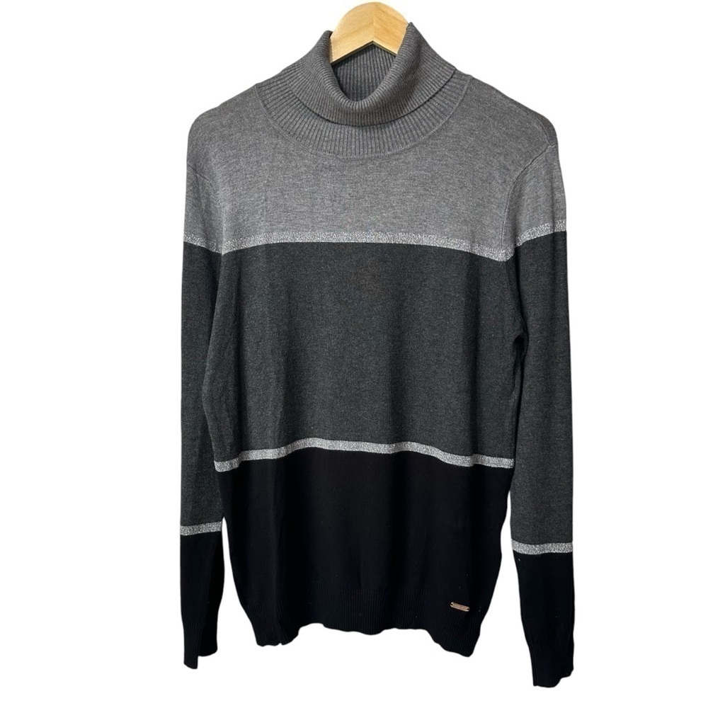 Calvin Klein Gray Black Silver Metallic Colorblock Turtleneck Sweater, Large